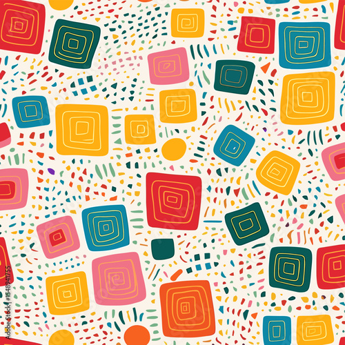 Colorful Abstract Geometric Pattern with Vibrant Squares and Dots on Light Background

