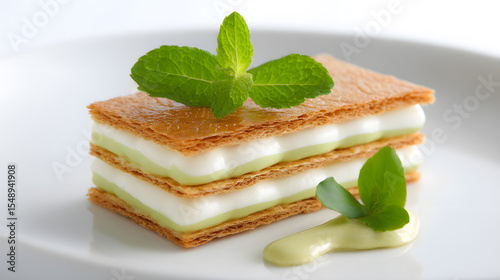 Mille-feuille with cream and strawberries, powdered sugar top. Elegant mille-feuille layered with fresh strawberries and rich cream. Topped with powdered sugar and mint, isolated on white plate