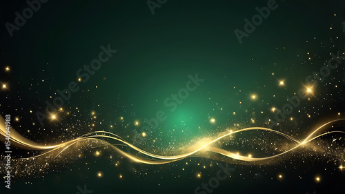 Elegant Green Glitter Background with Golden Sparkle Pattern, Light Texture, Soft Glow, Abstract Modern Design and Decorative Festive Art Template Frame - ai