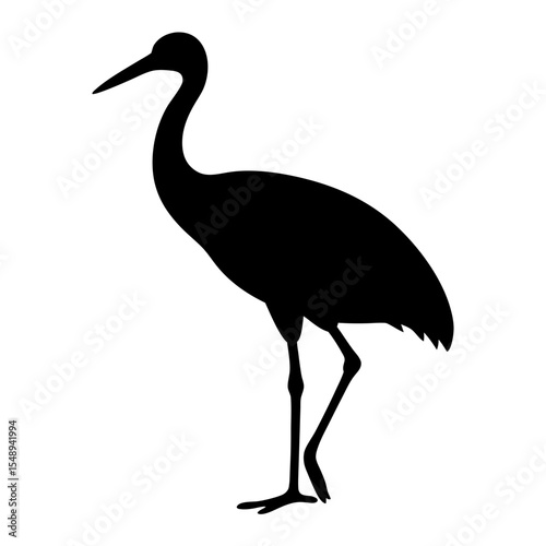 A striking black silhouette of a heronlike bird against a white background