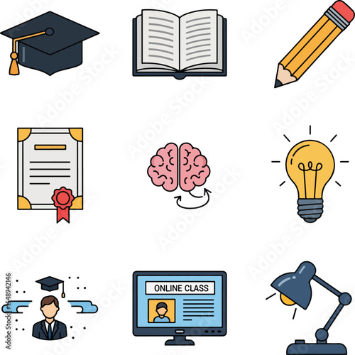  Set includes graduation cap, book, pencil, certificate with ribbon, brain idea icon, online class symbol, study lamp. Perfect for LMS and apps