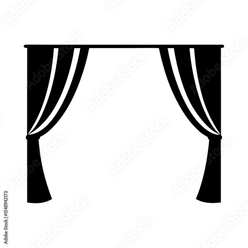 Curtains silhouette symbol of privacy and decor, A black silhouette of curtains, representing privacy, home decor, and window treatment in a minimalist design.
