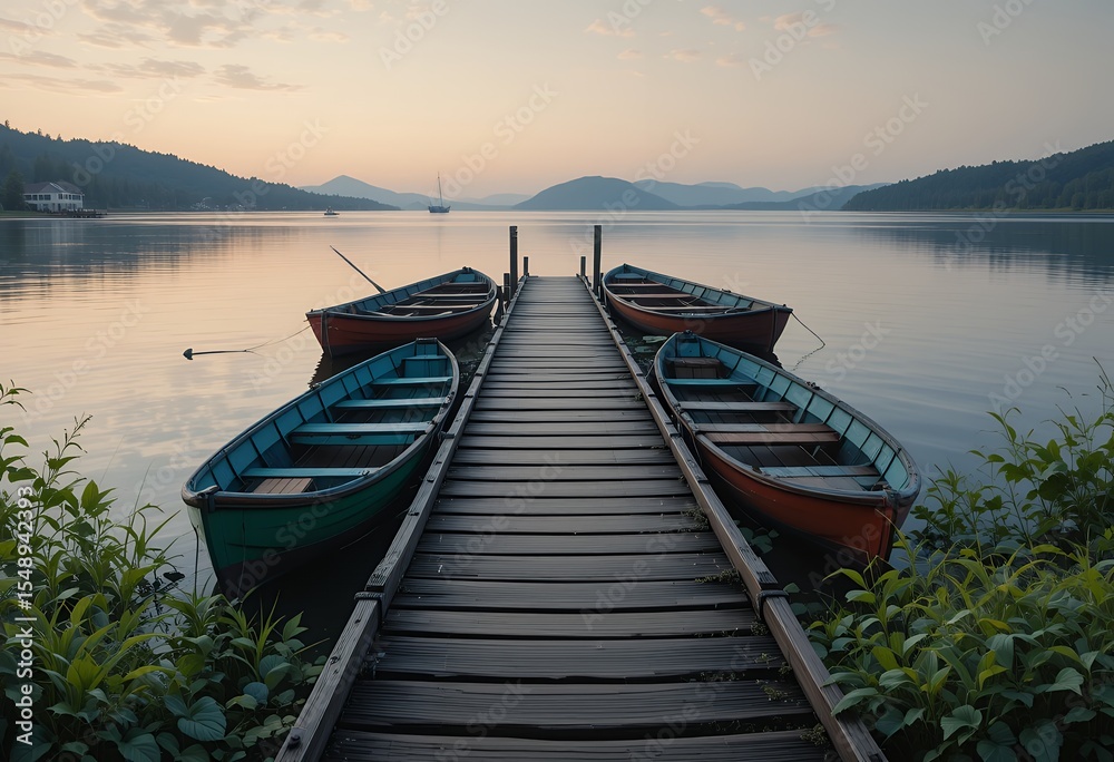 Fototapeta premium serene early morning lake scene with boats docked along a wooden pier surrounded by mountains and calm water