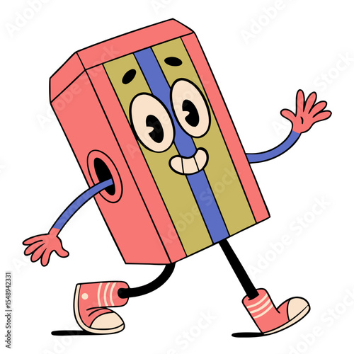 cartoon illustration of a happy, walking pencil sharpener with arms and legs, ideal for educational blogs, stationery websites, or children's content.