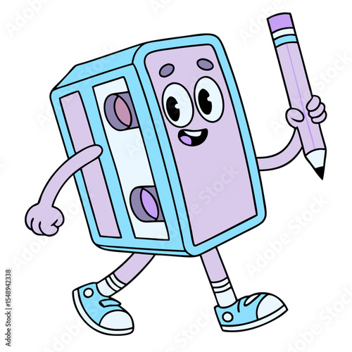 cheerful, walking cartoon pencil sharpener with a pencil, ideal for educational blogs, stationery websites, or children's content.