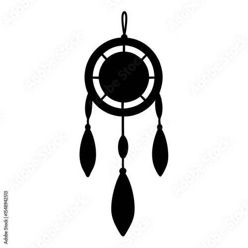Silhouette Dream Catcher with Feathers and Decorative Elements on White Background