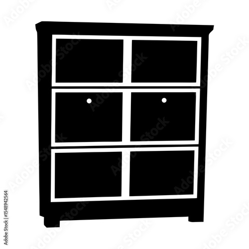 Stylized black and white shelving unit with drawers for storage