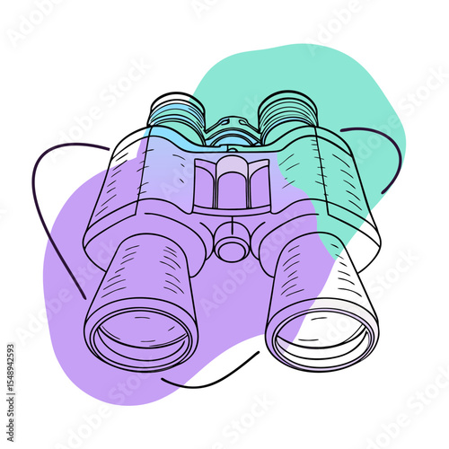 This image is a line art illustration of binoculars with abstract colored blobs in the background, suitable for blogs about travel, adventure, observation, or discovery.

