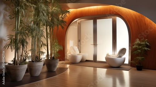 A high-end wellness clinic entrance with warm lighting, curved walls of frosted glass, burnt sienna and soft gray seating, accented with potted bamboo plants