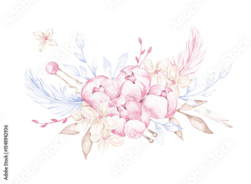 Fototapeta Naklejka Na Ścianę i Meble -  Floral bouquet, arrangement. Illustration hand drawn with watercolor. Ballerina bouquet for cards, invitations, posters, stickers and prints