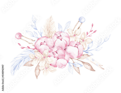 Fototapeta Naklejka Na Ścianę i Meble -  Floral bouquet, arrangement. Illustration hand drawn with watercolor. Ballerina bouquet for cards, invitations, posters, stickers and prints