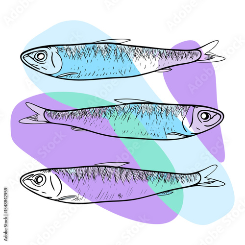 This vibrant, sketch-style fish graphic with abstract pastel shapes is great for seafood restaurants, cooking blogs, or modern packaging design that needs a pop art feel.

