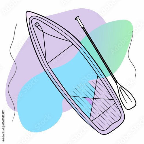 This image features an outline drawing of a stand-up paddleboard with a paddle and abstract color accents, suitable for websites and blogs about watersports, fitness, travel, or outdoor activities.

