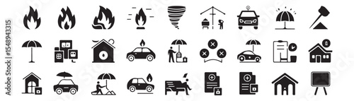 Property Insurance glyph icon set. Vector pictograms of fire, disaster, tornado, car, automobile, travel, accident, disability, document, agent, black sign silhouette illustration.