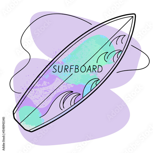 An illustration of a surfboard with abstract color splashes. Ideal for surfing websites, beach lifestyle blogs, summer vacation promotions, or watersport equipment stores.

