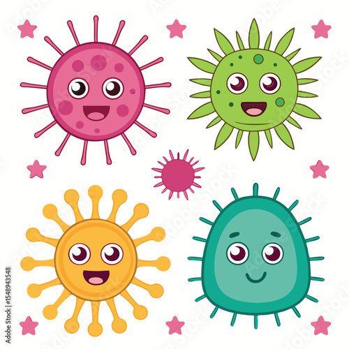 Cute Cartoon Viruses or Germs with Friendly Faces and Stars

