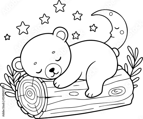 Sleeping Kawaii Bear Cub in a Log Vector Coloring Page for Kids