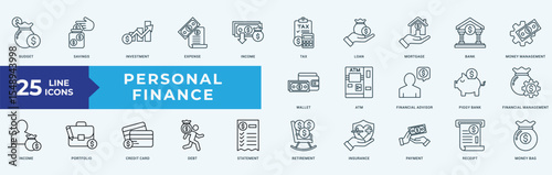 Personal Finance icon collection set with budget, savings, investment, expense, income, tax, loan, mortgage, bank, money