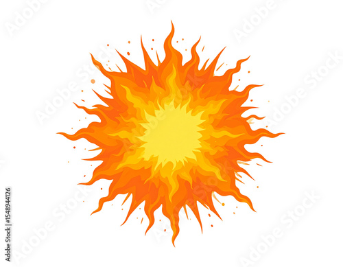 A stylized, fiery sunburst graphic design against a white background.