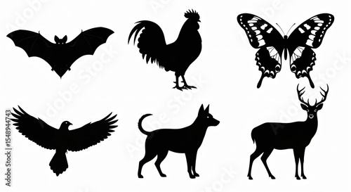 Silhouette illustration featuring a bat, rooster, butterfly, eagle, dog, and deer on a white background