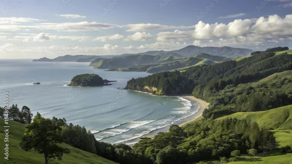 Coastal landscape with green hills, forest, and ocean waves gently rolling onto sandy beach under partly cloudy sky, creating peaceful and scenic natural nature view and landscape.