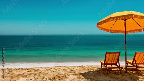 Wallpaper Mural Tranquil beach scene with empty chairs and vibrant orange umbrella by ocean shore Torontodigital.ca