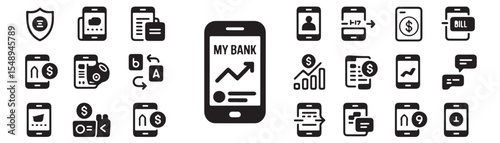 Collection of black and white banking and finance icons on mobile devices for user interface design