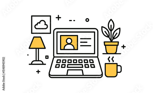 Minimalist workspace with laptop, lamp, and plant illustration