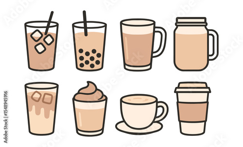 Illustrated variety of coffee and beverage cups with ice and foam toppings
