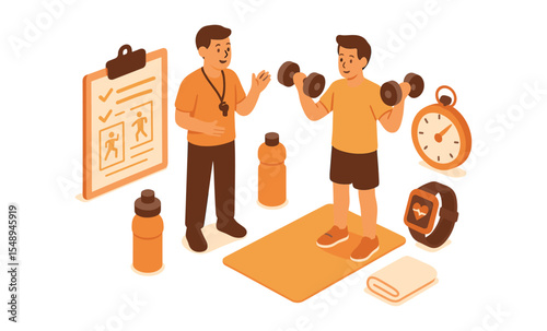 Young caucasian male exercising with dumbbells guided by coach in fitness setting