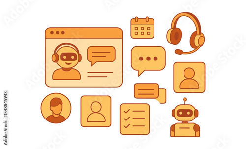 Virtual assistant and communication icons: chatbots, headset, and calendar