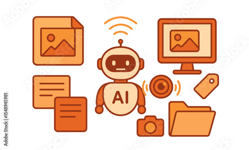 Friendly ai robot with files and camera surrounded by digital icons and technology elements