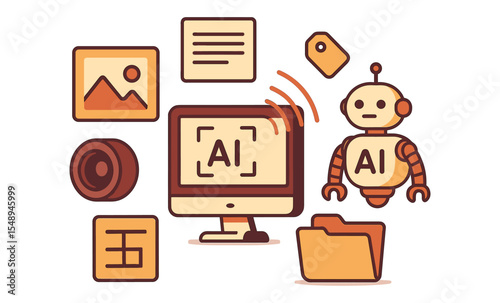 Ai robot and computer interface illustration with various icons for technology and automation