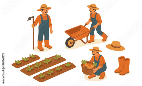 Caucasian male farmers: harvesting vegetables and tending crops