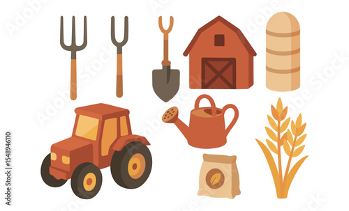 Farm equipment and structures illustration featuring tractor and tools