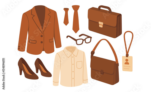 Business attire essentials: brown suit, accessories, and office wear
