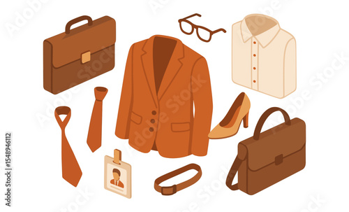 Business attire essentials: suit, shirt, briefcase, shoes, tie, glasses, badge, belt