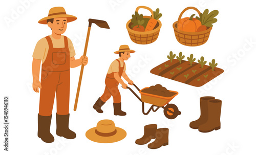 Animated farmer with tools and vegetables, caucasian male young adult