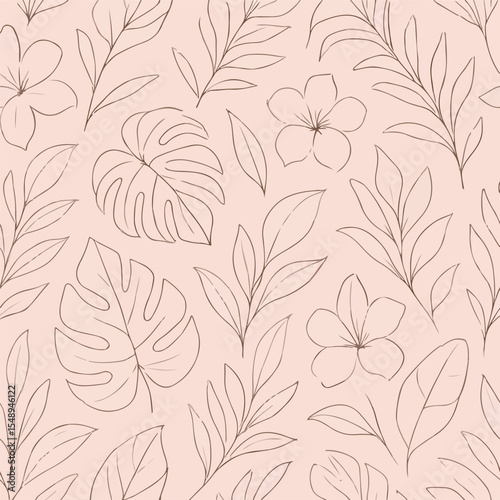 Elegant Floral and Nature Traced Line Art Seamless Pattern