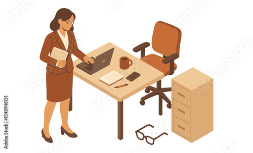 Businesswoman working on laptop in office setup with coffee and glasses