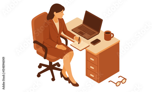 Asian female professional working at desk with laptop and notepad in office setting