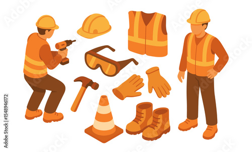 Construction safety equipment set with caucasian male workers in protective gear