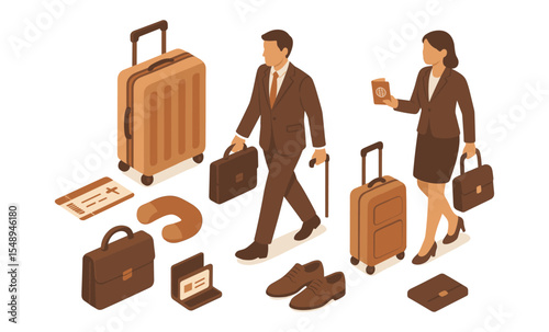 Business travelers: asian male and female with luggage and travel essentials