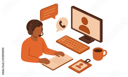 Isometric illustration of african adult male call center agent at workstation