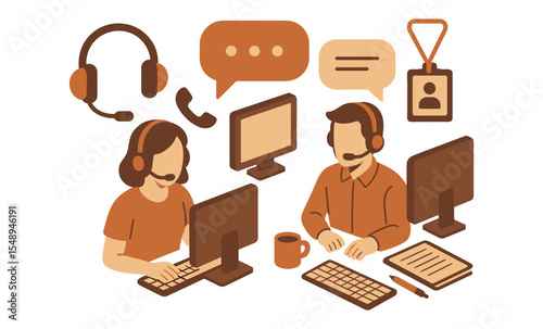 Customer service team with headsets and computers engaging in communication