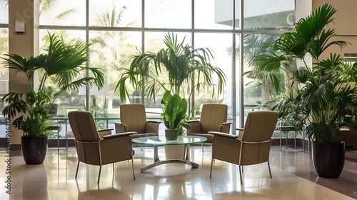 Clean office common area with a full-length glass wall, warm lighting, dark green and beige chairs arranged for casual meetings, and potted palms adding organic texture