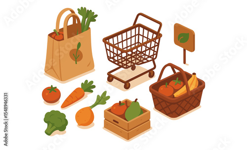 Eco-friendly grocery shopping: cart, basket, bag with vegetables and fruits