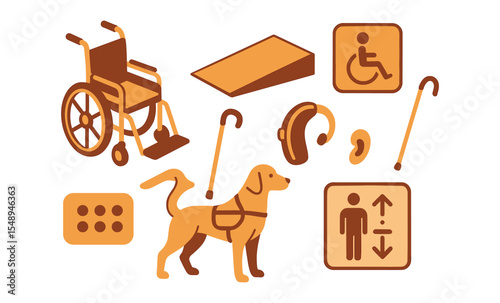 Accessibility aids collection: wheelchair, service dog, and hearing aid symbols