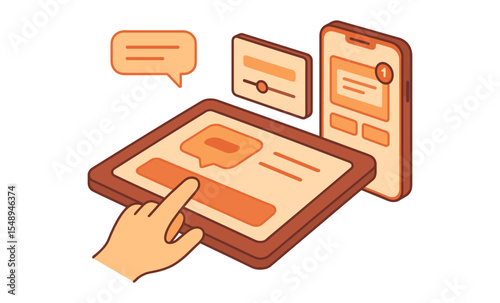 Isometric digital communication concept with tablet and smartphone interface