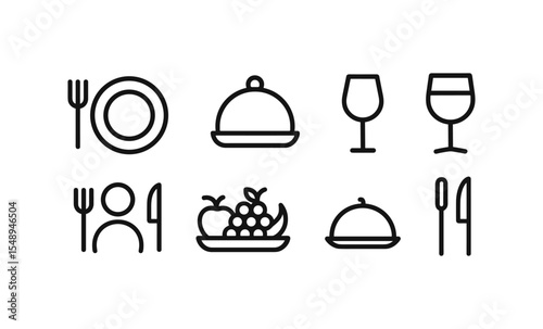 Dining icons set: plate, cutlery, cloche, wine glasses, fruit bowl